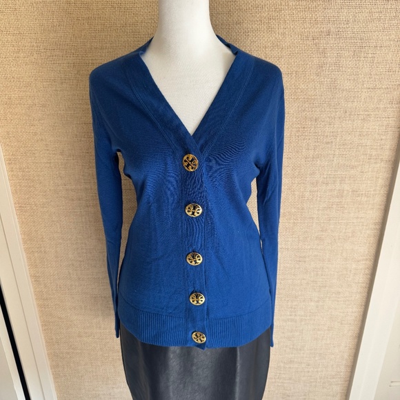 Tory Burch Blue 100% Merino Wool V-Neck Cardigan Sz S - Picture 1 of 5